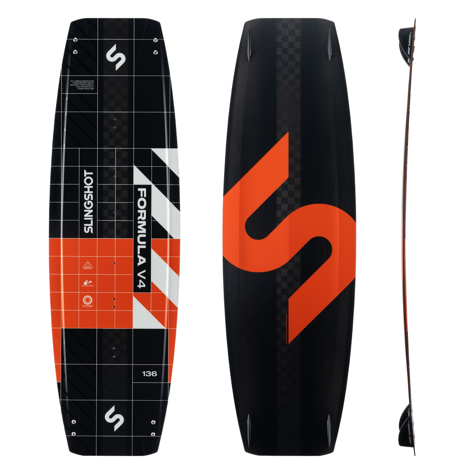 Planche de kitesurf twin-tip Slingshot Formula V4 2025 – vue de dessus, dessous et profil