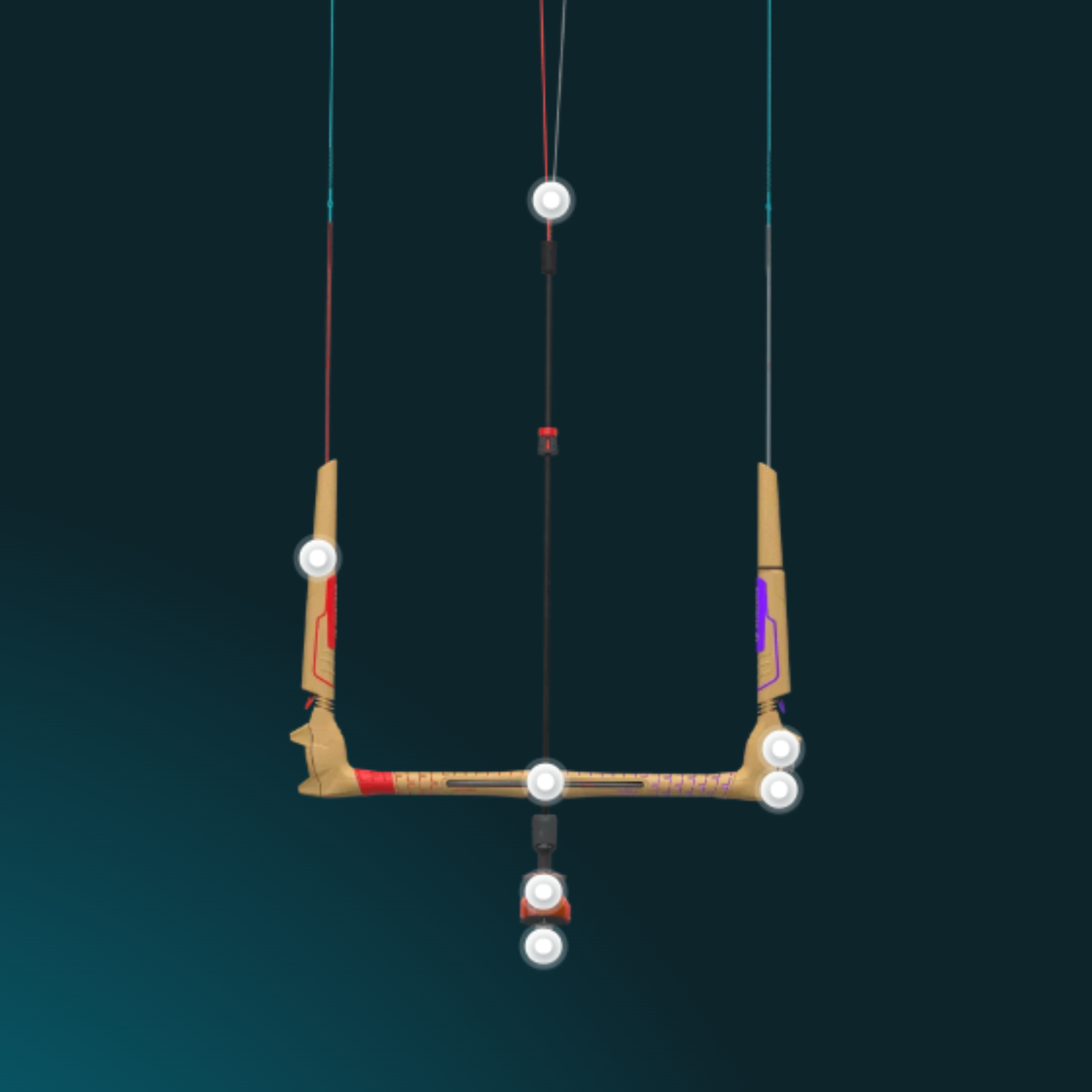 Schéma technique d’une barre de kitesurf moderne avec bearing central et système Click-In