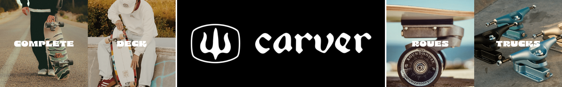Bannière en-tête présentant les catégories de surfskates Carver : completes, decks, roues, trucks – univers visuel de la marque