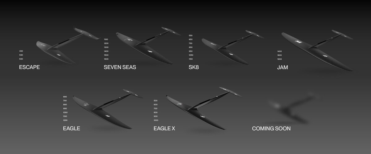 Gamme complète foils F-ONE 2026 avec connexion TITAN 2 - Escape, Seven Seas, SK8, JAM, Eagle, Eagle X